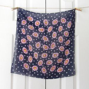 THE LIMITED Vintage Sheer SCARF Pink Daisy Polka Dots Navy Blue 100% Silk Italy